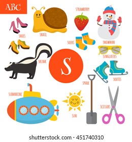 Letter S. Cartoon alphabet for children. Submarine, sun, scissors, socks, shoes, snail, snowman, sunglasses, skates, spade, strawberry, skunk. Vector illustration