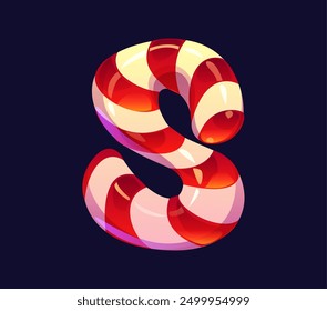 Letter S cartoon candy cane with red and white stripes. Confectiry alphabet, sweets typeface, lollypop font, festive type. Isolated vector Christmas dessert typography symbol with shiny gloss