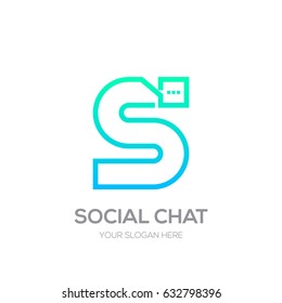 Letter S with Chat logo line shape, Social Talk, Social media, Abstract speak, Square speech logotype