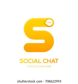 Letter S with Chat logo, Talk, Social media, Sphere speech bubble, application, digital and technology logotype