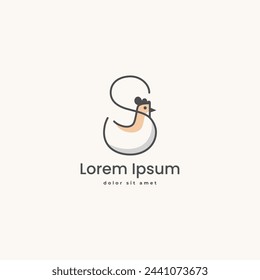 Letter S with chicken line art outline simple logo vector icon illustration
