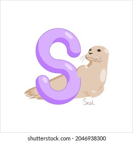 Letter S. Children's alphabet, cute seal. Vector illustration for learning English.
