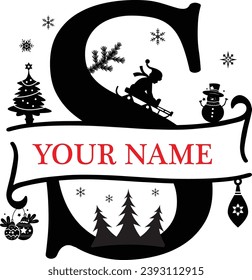 Letter S, S Christmas Monogram, Christmas Alphabet, Christmas Split Alphabet, Separate Letter Santa Hat, Christmas Family Name, Custom Name, Personalized Name