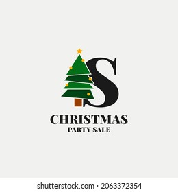 letter S with christmas tree decoration for celebrating december sale or party initial icon