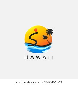 Letter S - Circle Hawaii Palm Beach Logo icon.  Nature logo design concept sunset, palm tree and  sea wave on circle for initial letter S, surfing shop, sport, Tour and Travel.