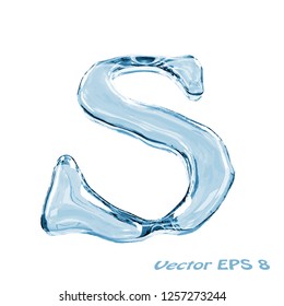 Letter S from clear transparent bluish water droplets. Isolated on white background. Vector EPS 8.