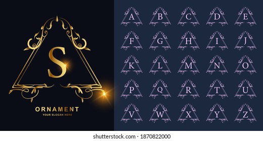 Letter S or collection initial alphabet with luxury ornament floral frame golden logo template.
