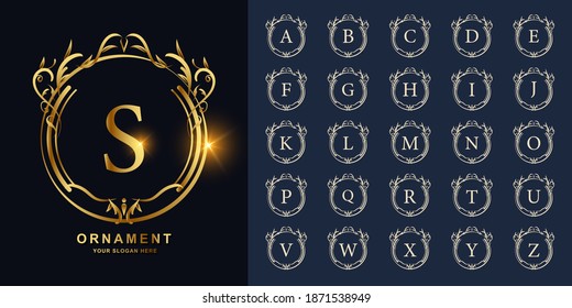 Letter S or collection initial alphabet with luxury ornament floral frame golden logo template.