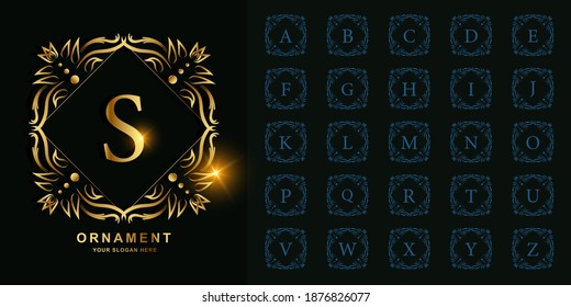 Letra S o colección alfabeto inicial con una plantilla de logotipo dorado de marco floral adornado de lujo.