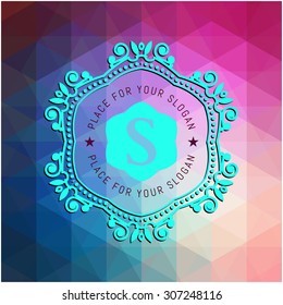 The letter S & colored triangular texture. Flourishes calligraphic monogram emblem template. Luxury elegant frame ornament line logo design vector illustration. Example designs for Cafe, Hotel