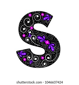 
The letter S. Colorful floral alphabet. Elegant patterns on the background of a black letter.