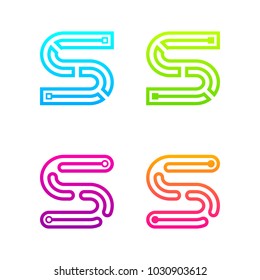 Letter S Colorful logotype with Three Line Dots Link, Square and Circle shape Maze Labyrinth, Technology and Digital Connection concept for your Corporate identity