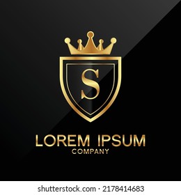 Letter S crest logo Alphabet logotype shield crown gold vector design