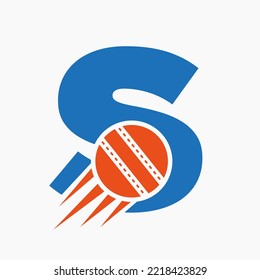 Logo-Konzept des Buchstaben s mit beweglichem Cricket-Ball-Symbol. Cricket Sports Logotype Symbol Vektorvorlage