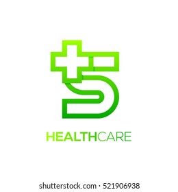 Letter S cross plus logo Green color,Medical healthcare hospital Logotype