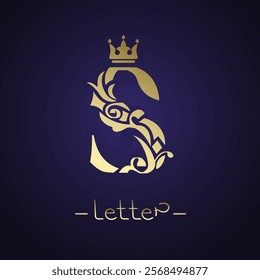 Letter S with crown and intricate floral elements. Artistic creativity logo design. Graceful gold royal style against a deep dark background. Perfect for branding, business card. Vector illustration