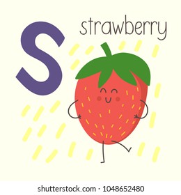 Letter S with cute cartoon strawberry. Vector alphabet.