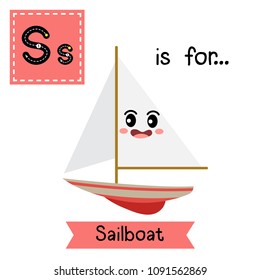 Letter S cute children colorful transportations ABC alphabet tracing flashcard of Sailboat for kids learning English vocabulary Vector Illustration.