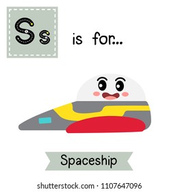 Letter S cute children colorful transportations ABC alphabet tracing flashcard of Spaceship for kids learning English vocabulary Vector Illustration.