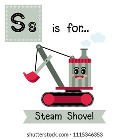 Letter S cute children colorful transportations ABC alphabet tracing flashcard of Steam Shovel for kids learning English vocabulary Vector Illustration.