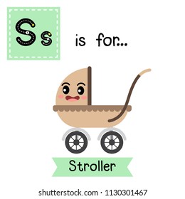 Letter S cute children colorful transportations ABC alphabet tracing flashcard of Stroller for kids learning English vocabulary Vector Illustration.