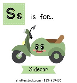 Letter S cute children colorful transportations ABC alphabet tracing flashcard of Sidecar for kids learning English vocabulary Vector Illustration.