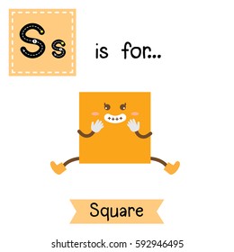 Letter S cute children colorful geometric shapes alphabet tracing flashcard of Square for kids learning English vocabulary.