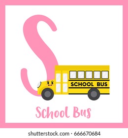 Letter S cute children colorful transportations ABC alphabet flashcard of School Bus for kids learning English vocabulary Vector Illustration.