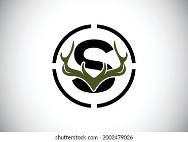 Letter S with deer antlers in target shape, flat style logo design vector template, Hunting inspirations symbol for corporate business identity