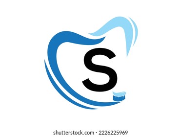 Letter S Dental Logo Design Template Inspiration With Tooth Brush Symbol , Vector Illustration