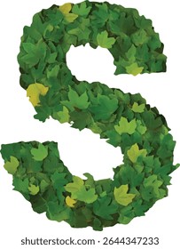 The letter "S" is depicted as a vibrant collage of green leaves, creating a visually appealing and nature-themed representation of the alphabet.