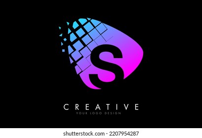 Letter S Design with Colorful Pink and Blue Shattered Blocks Vector Illustration. Pixel art of the S letter logo. 