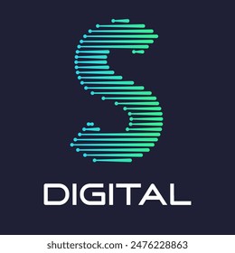 Plantilla de Vector con logotipo de tecnología o digital de la letra s. Adecuado para la industria de fuentes digitales con punto, color degradado y estilo moderno. También adecuado para la máquina