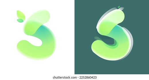Letter S eco logo with green gradient and leaf in Glassmorphism style. Environment friendly icon made of overlapping parts. Perfect for agriculture art, waste recycling app, healthy food packaging.
