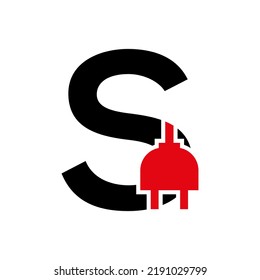 Concepto de logotipo eléctrico o eléctrico de la letra S con plantilla de vectores de enchufe eléctrico