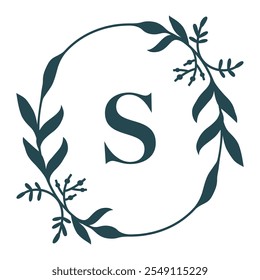 Letter S In Elegant Floral Oval Frame. Leafy Christmas Wreath. Vector  Illustration Isolated On White Background.