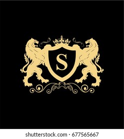 Letter S Elegant logo with two lions and shield vector design. Coat of arms