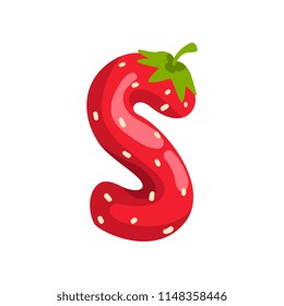 Letter S of English alphabet made from ripe fresh srawberry, bright red berry font vector Illustration on a white background