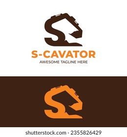 Letter S Excavator Backhoe Loader in Vintage Simple Style for Construction Builder Machinery Heavy Equipment Industrial Company Logo Design Template