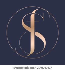 Letter S and Letter F. S and F monogram consists of intertwined elements. Gold and emblem into circle. Fashion Salon logo.