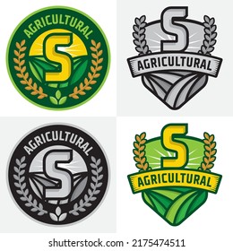 Letter S farm logo badges, vintage style farm emblem logo design, eco green icon badges, nature icon