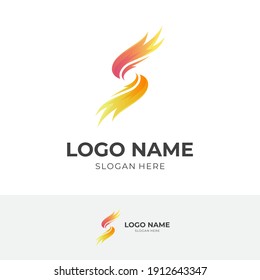 letter S fire logo, letter S and fire, combination logo with 3d yellow and orange color style