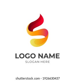 letter S fire logo, letter S and fire, combination logo with 3d yellow and red color style