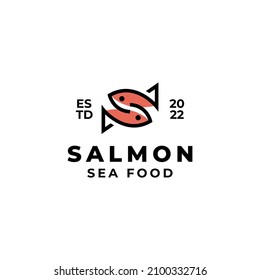 Letter S fish salmon monoline vector line logo design for sea food cafe restaurant