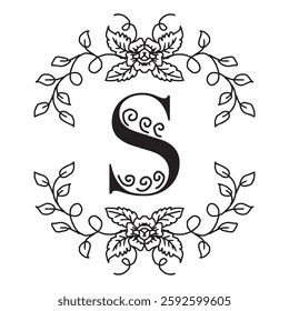 Letter S with floral frame, monochrome vector illustration graphic design