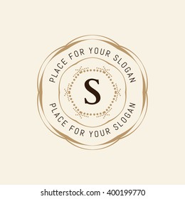 The letter S. Flourishes calligraphic monogram emblem template. Luxury elegant frame ornament line logo design vector illustration. Example designs for Cafe, Hotel, Heraldic, Restaurant, Boutique