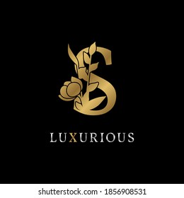 letter S flower leaves decoration for wedding, beauty care logo, personal branding identity, make up artist or any other royal brand and company. luxurious gold and silver color sample in dummy text