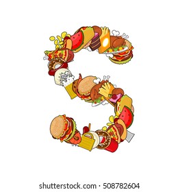 Letter S food. Edible sign alphabet from pizza and hamburger. Feed template elements ABC. meat concept type as logo. tortilla and taco. Donuts and FAstfood. Hotdog and cookies. Baked turkey  