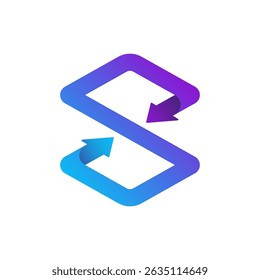 a letra "S" é formada por uma forma contínua, fluindo com setas em cada extremidade apontando em direções opostas. O gradiente azul a roxo sugere um processo cíclico, troca ou interconectividade
