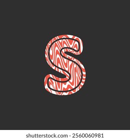 Letter S from fresh raw meat fish. Vector latin meat alphabet. Red meat salmon font for restaurants, butcher shop, farmers market, Salmon fillet marble texture, fish pattern. 